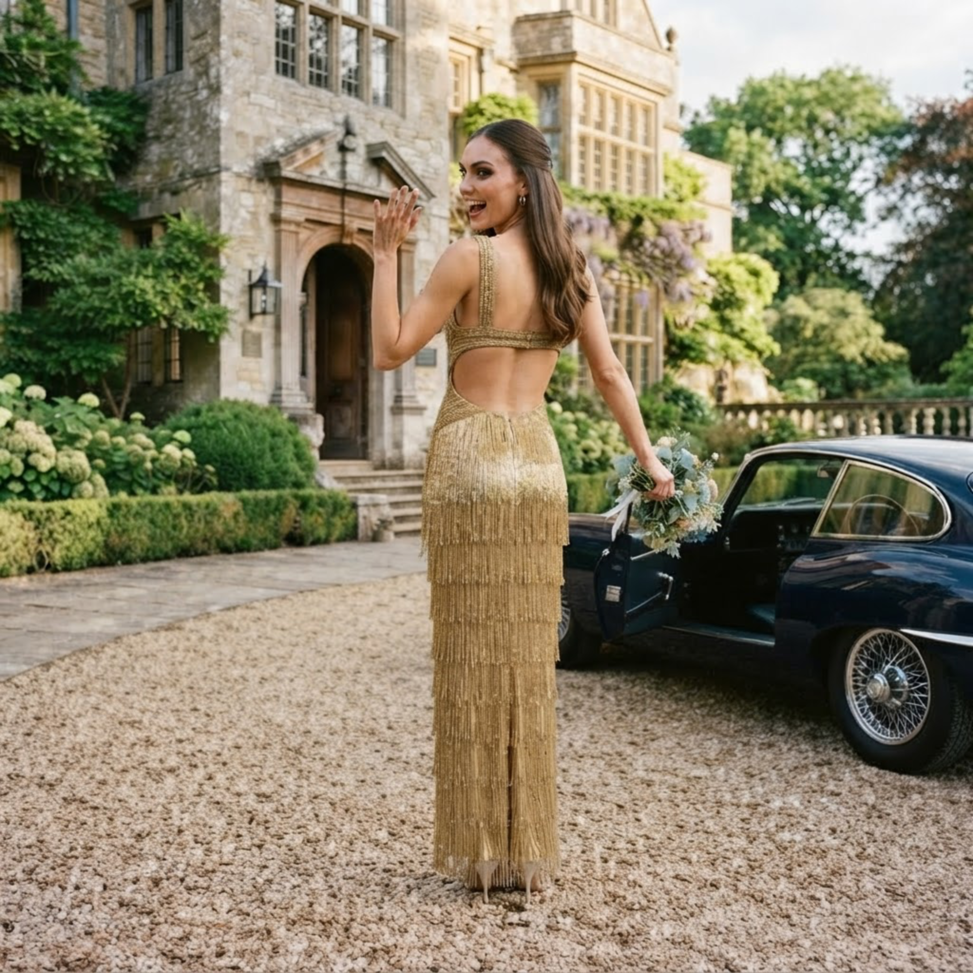 Gold fringed backless gown at a stone manor — prom 2027 dress at Laura's Boutique & Bridal in Hackensack, NJ