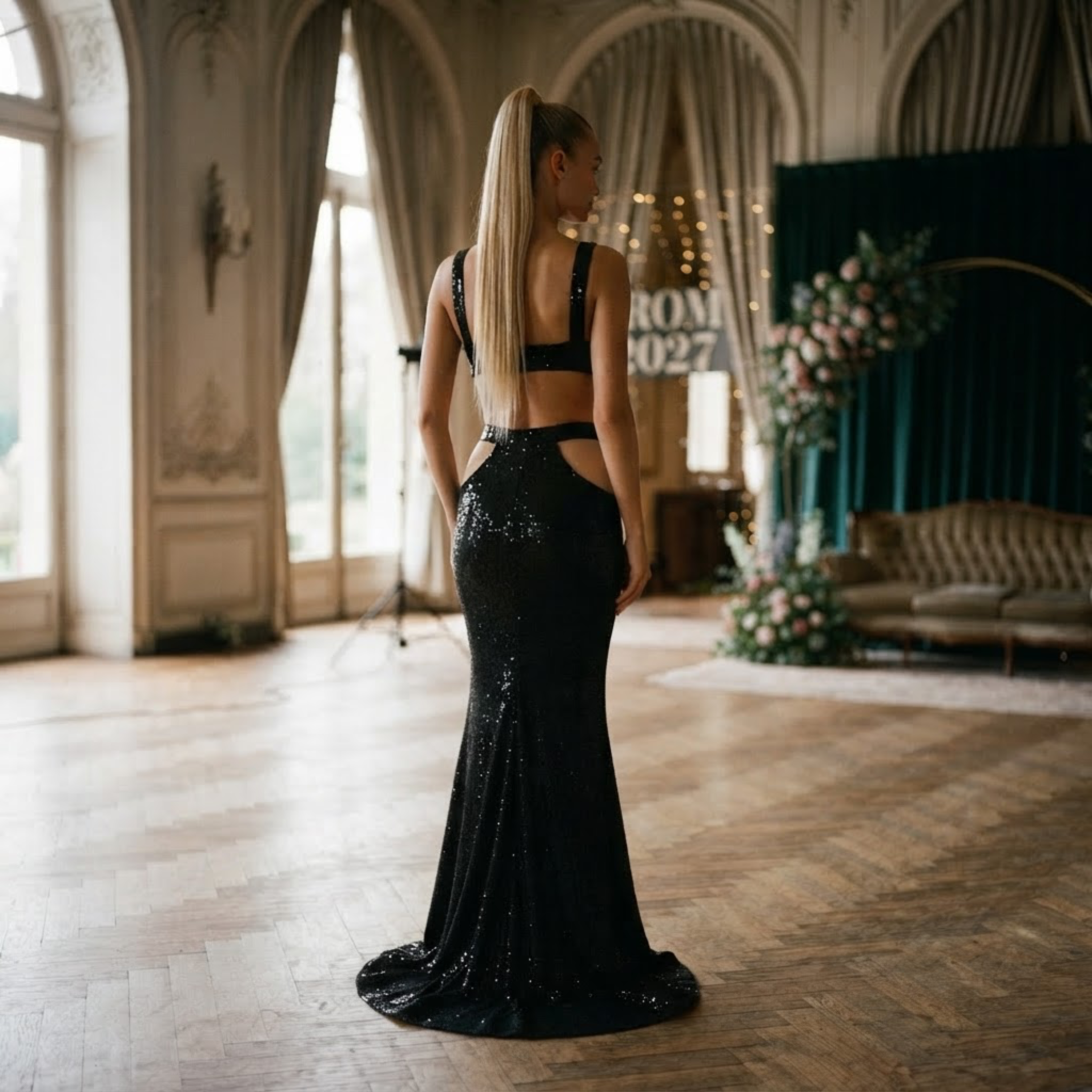 Black sequin open-back gown — prom 2027 dress at Laura's Boutique & Bridal in Hackensack, NJ