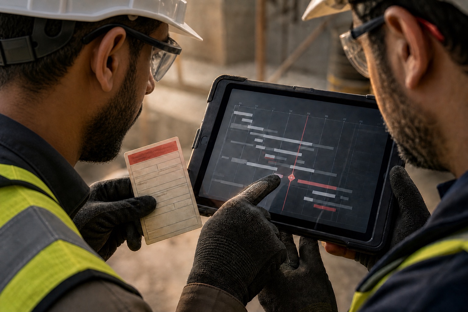Two site engineers in white hard hats and safety glasses compare a work permit against a safety-gate milestone on a tablet Gantt chart.