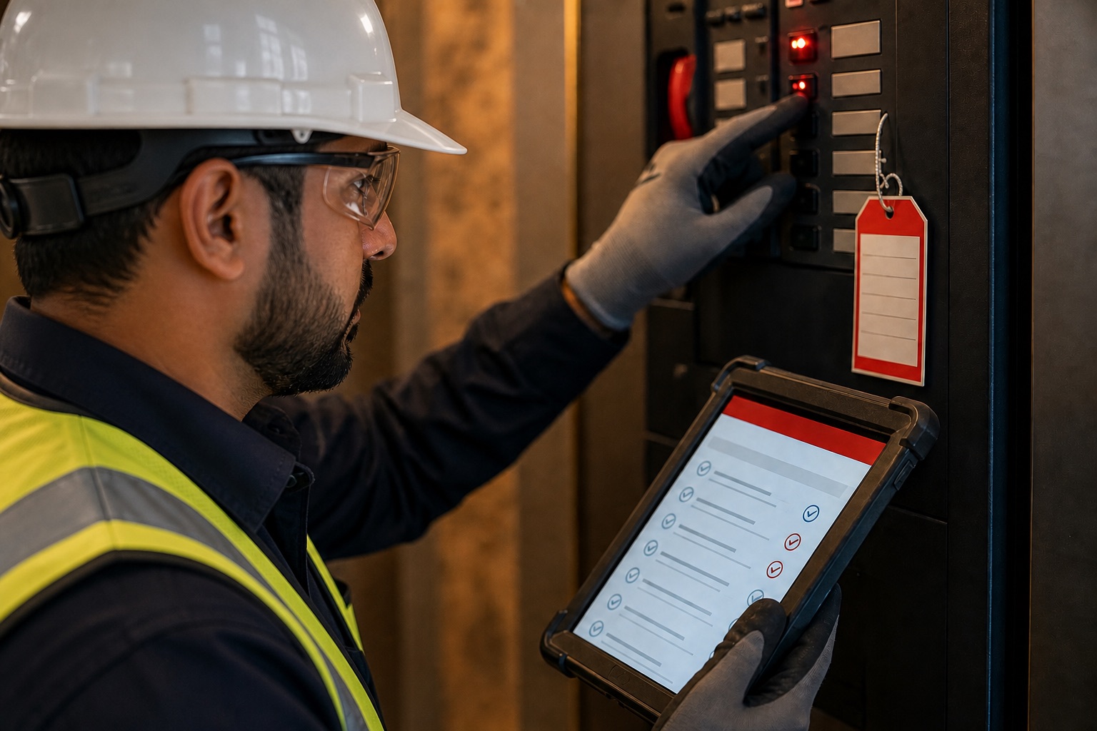 Engineer in a white safety helmet, clear safety glasses, gloves and high-visibility PPE testing a fire and life-safety control panel while recording the inspection on a rugged tablet checklist.