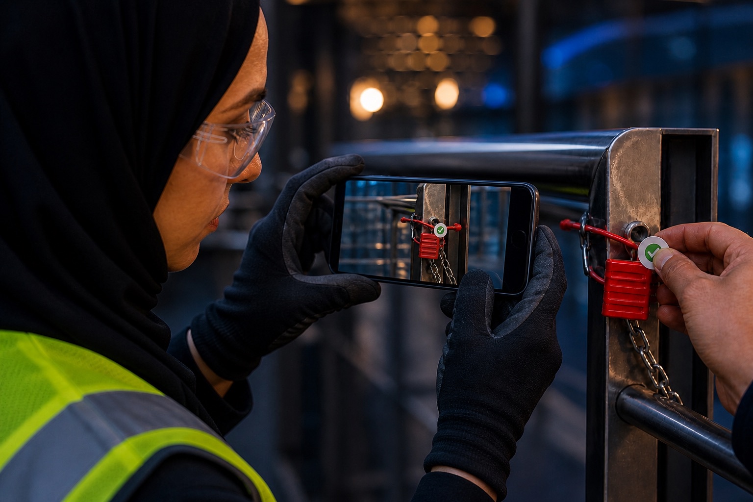 Over-the-shoulder view of an HSE inspector holding a landscape phone with its live screen visible while the rear camera points toward the corrected red lockout.