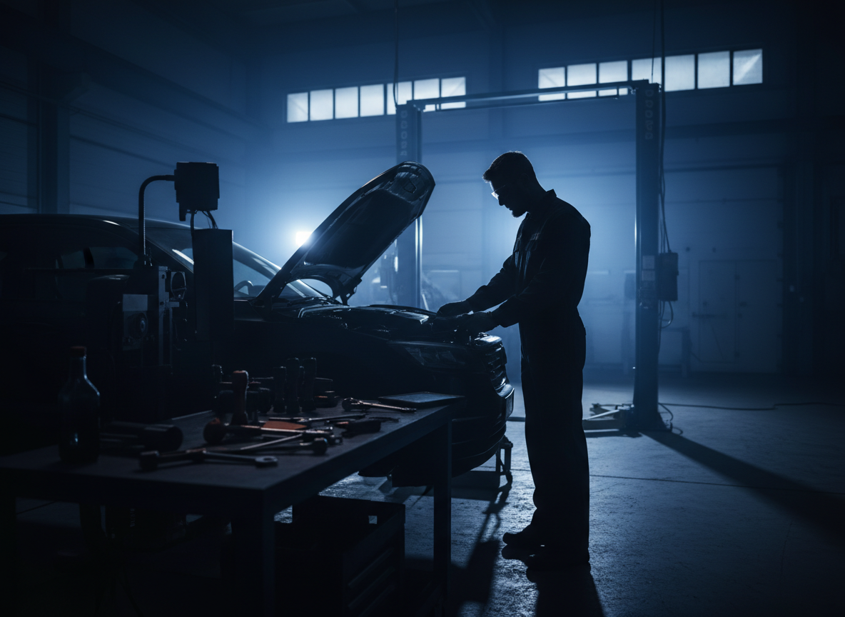 Automobilski inženjer u radionici osvjetljen LED radnim svetlima pregleda motor vozila