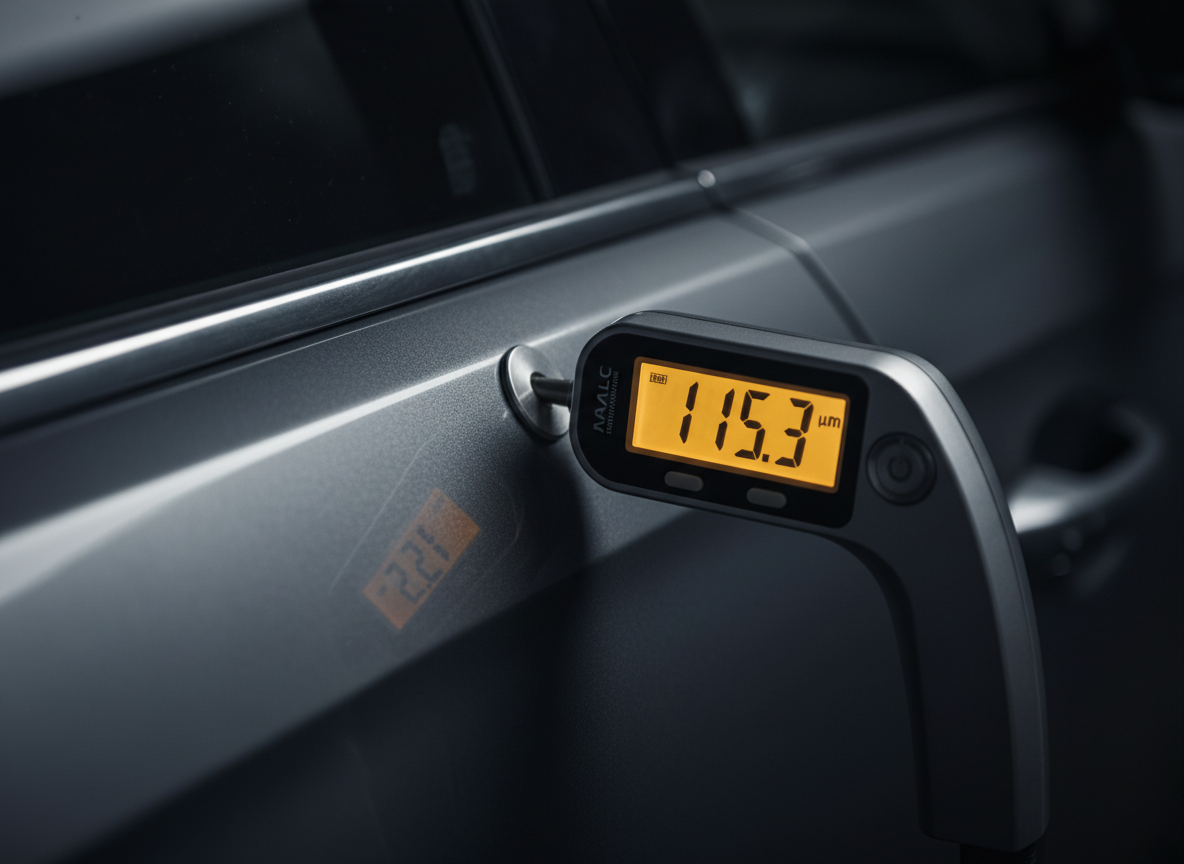 Merenje debljine laka na tamnim metalnim vratima automobila digitalnim meračem