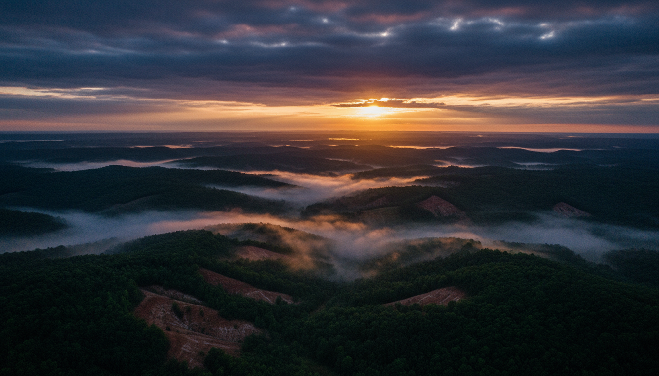 Rolling Alabama countryside at dawn with morning mist