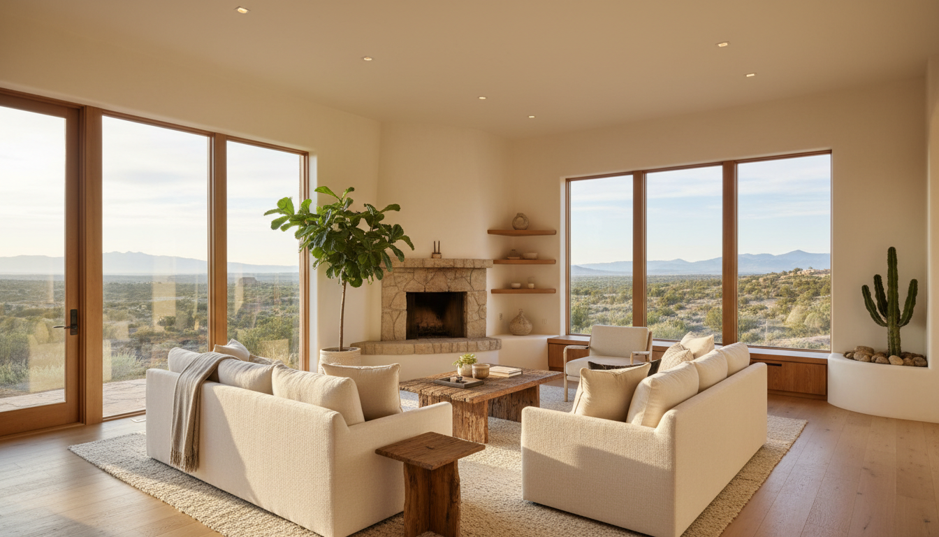 Beautifully cleaned luxury Santa Fe living room at golden hour