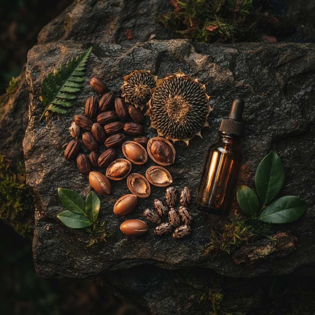 Cold-pressed jojoba, Moroccan argan, sunflower seed, and castor oils — the all-natural carrier oil base for PacNorth Images beard oil
