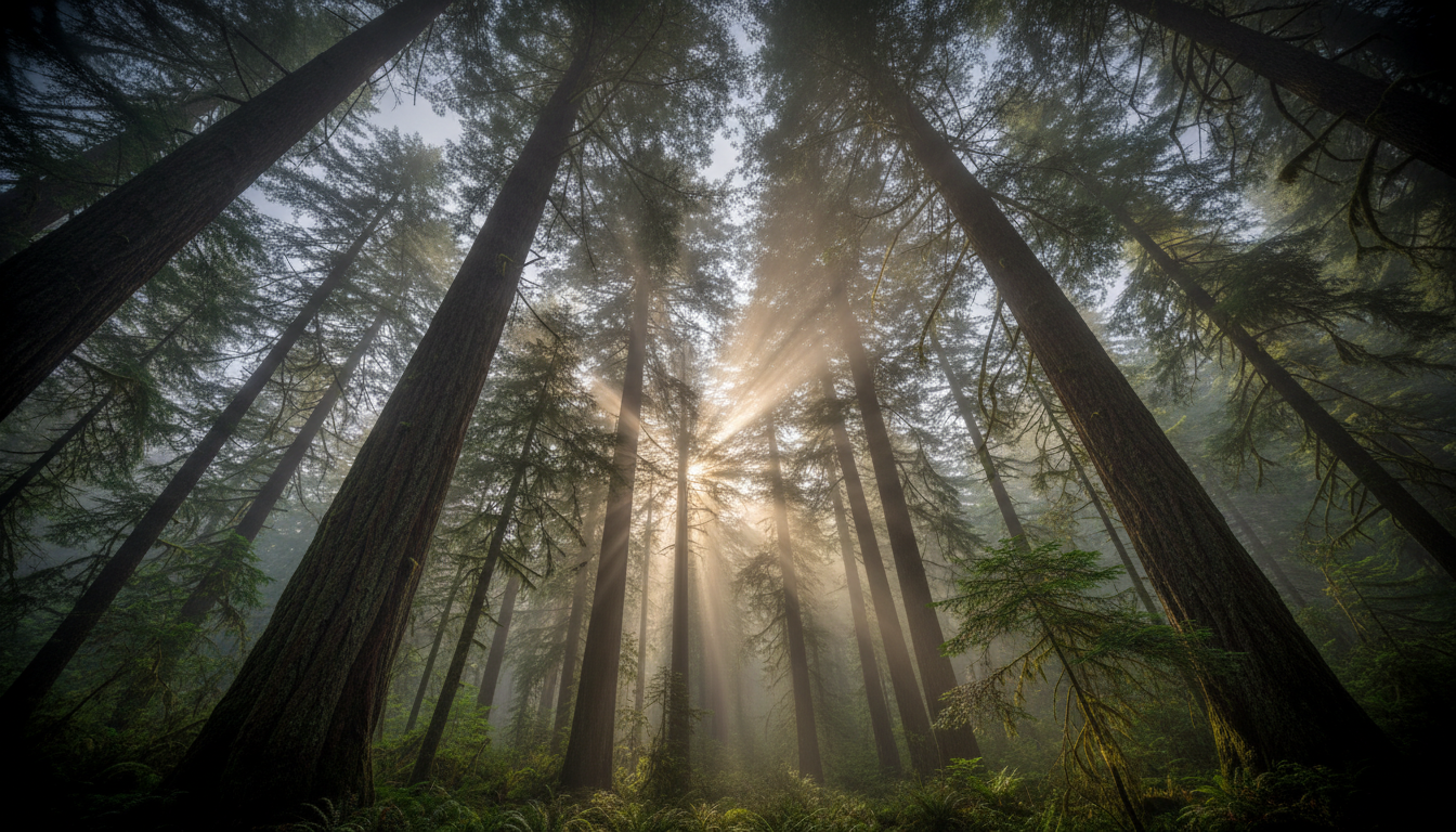 Pacific Northwest old-growth forest canopy with morning light — PacNorth Images premium handcrafted beard oil