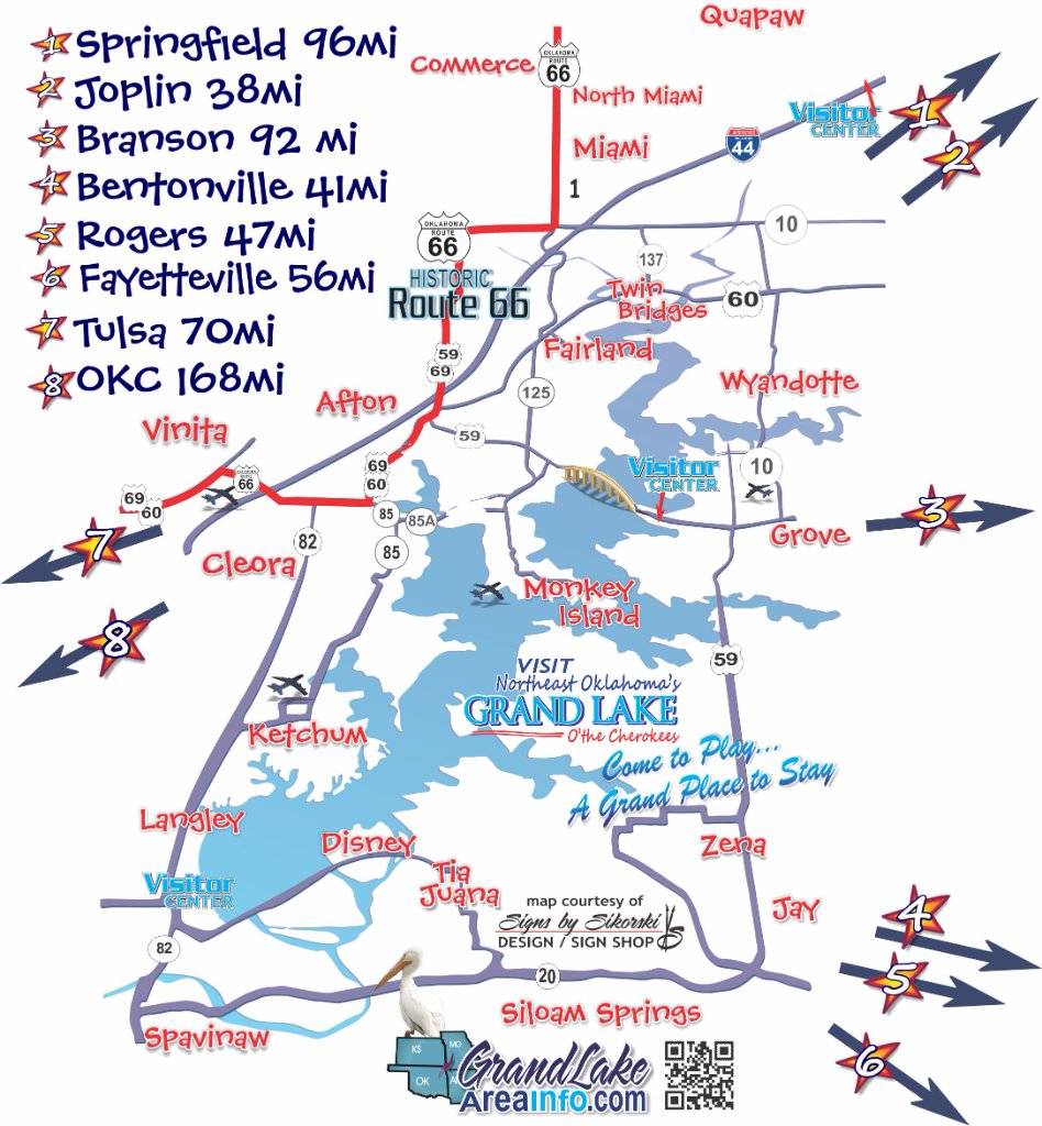 Grand Lake area map with distances to surrounding cities