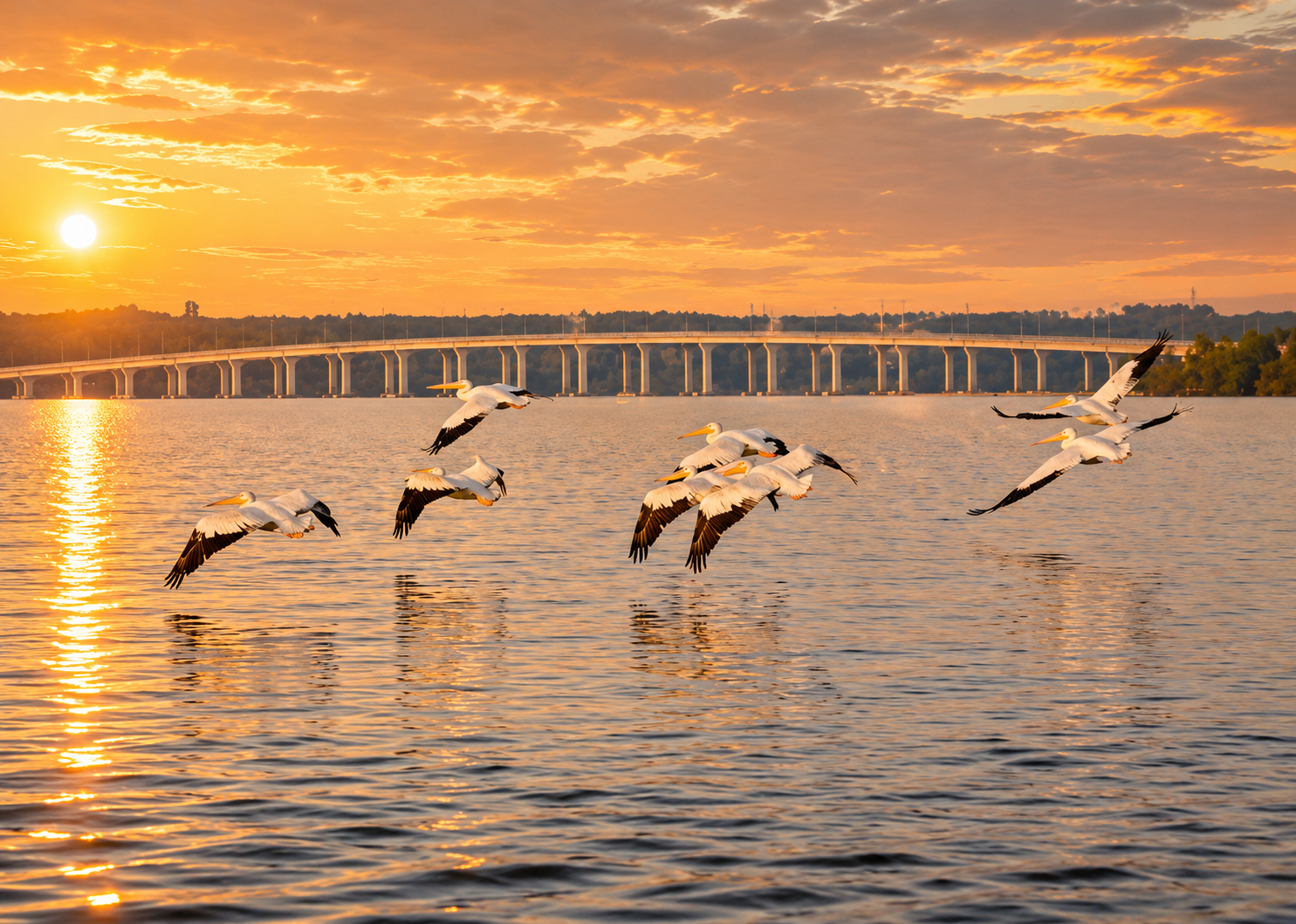 Pelicans flying over Grand Lake at sunset
