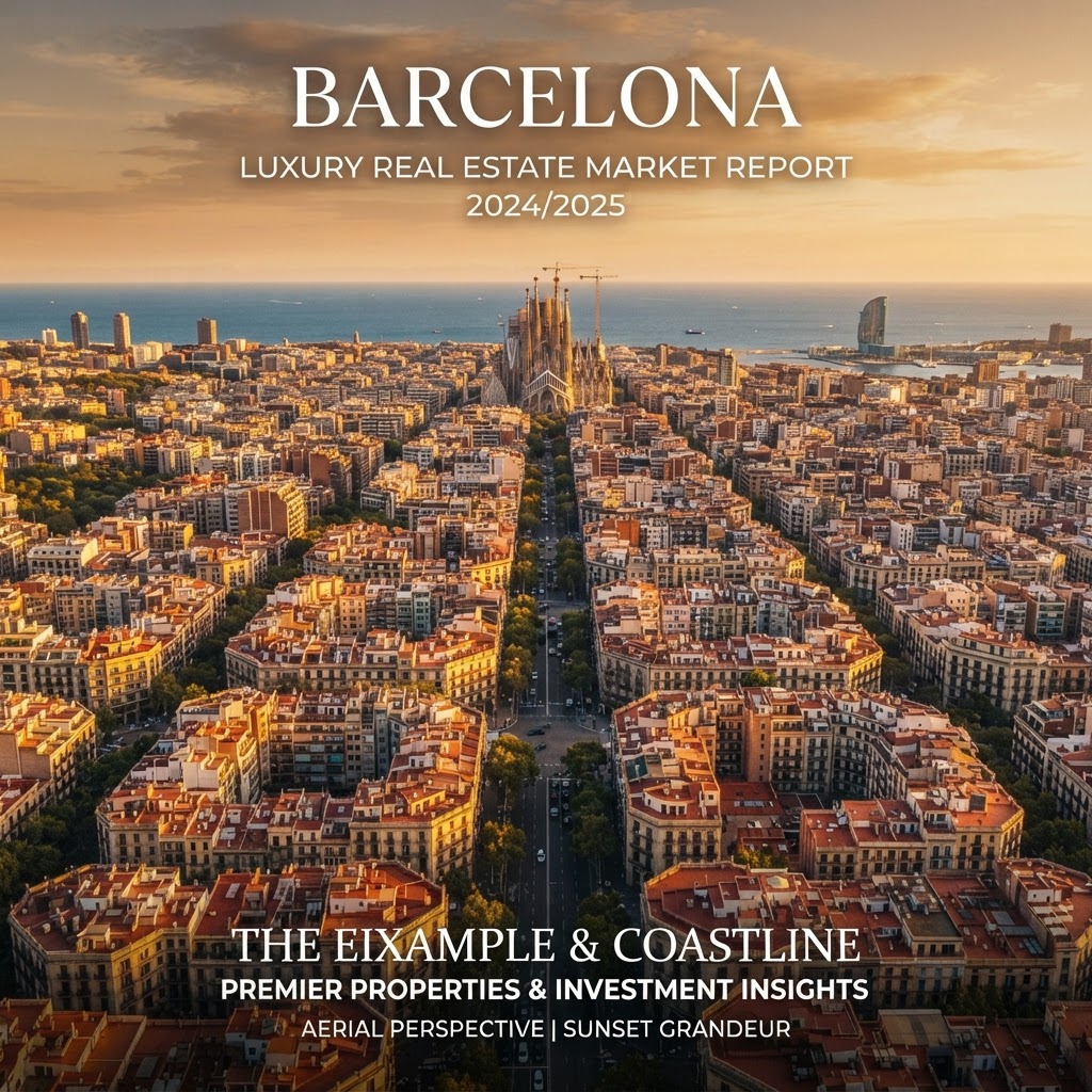 Aerial golden-hour view of Barcelona's Eixample grid stretching toward the Mediterranean sea