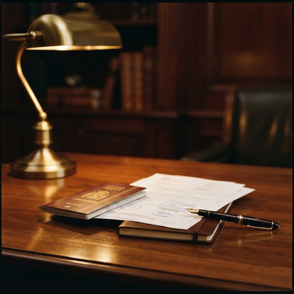 Spanish passport and immigration documents with a fountain pen on a polished walnut desk in warm golden light