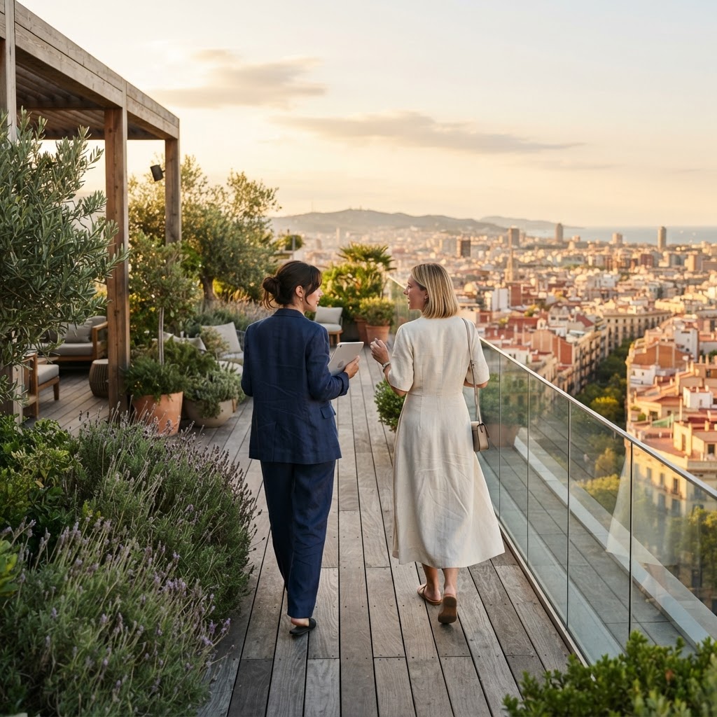 Barcelona rooftop terrace at golden hour