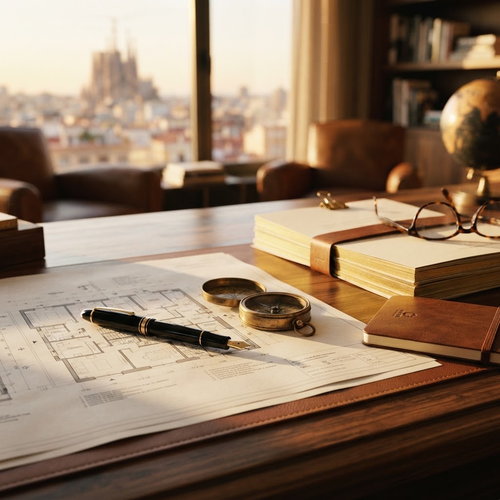 Polished walnut desk with a fountain pen on architectural floor plans and gold-edged documents in warm golden light