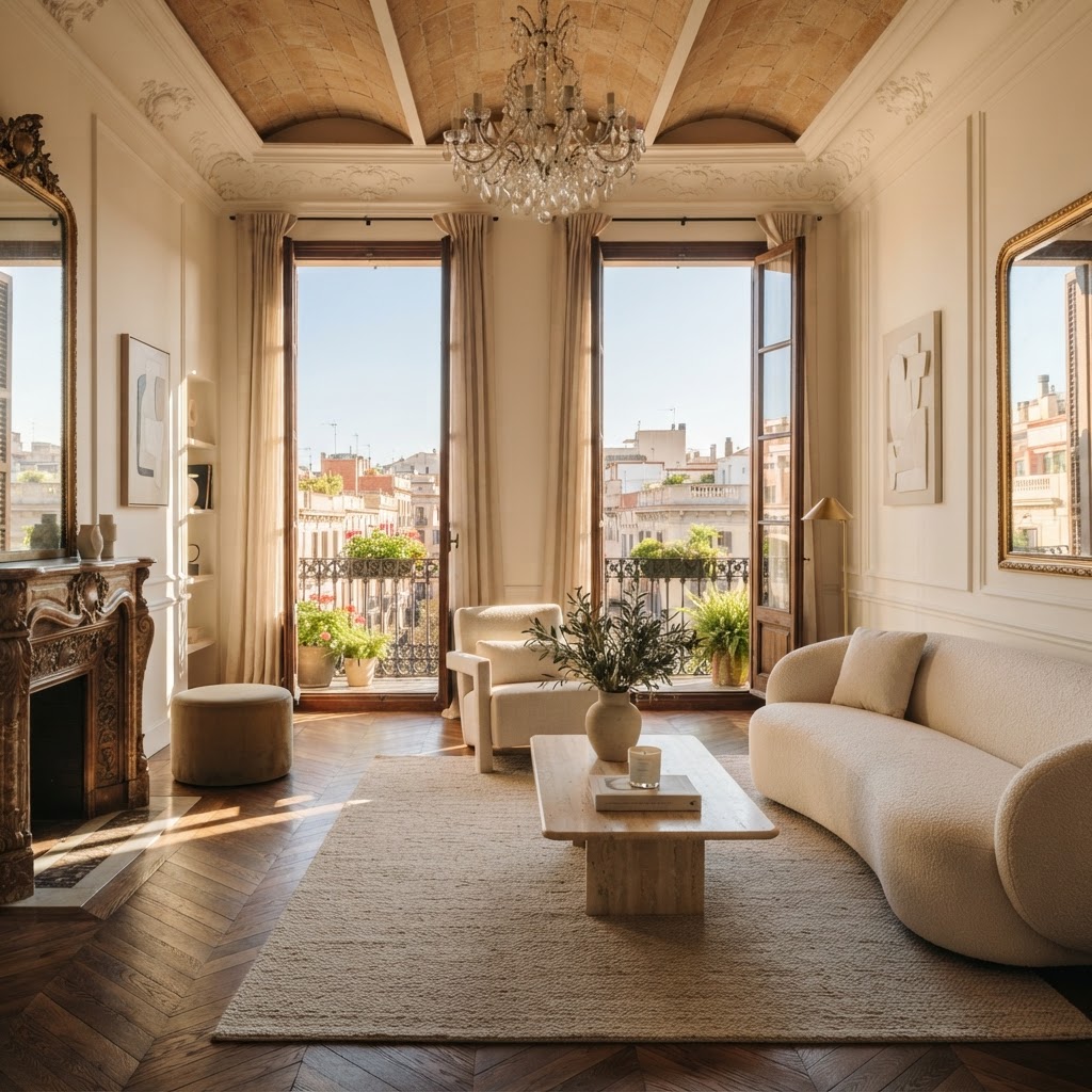 Elegant Barcelona luxury apartment interior with high ceilings and warm golden afternoon light