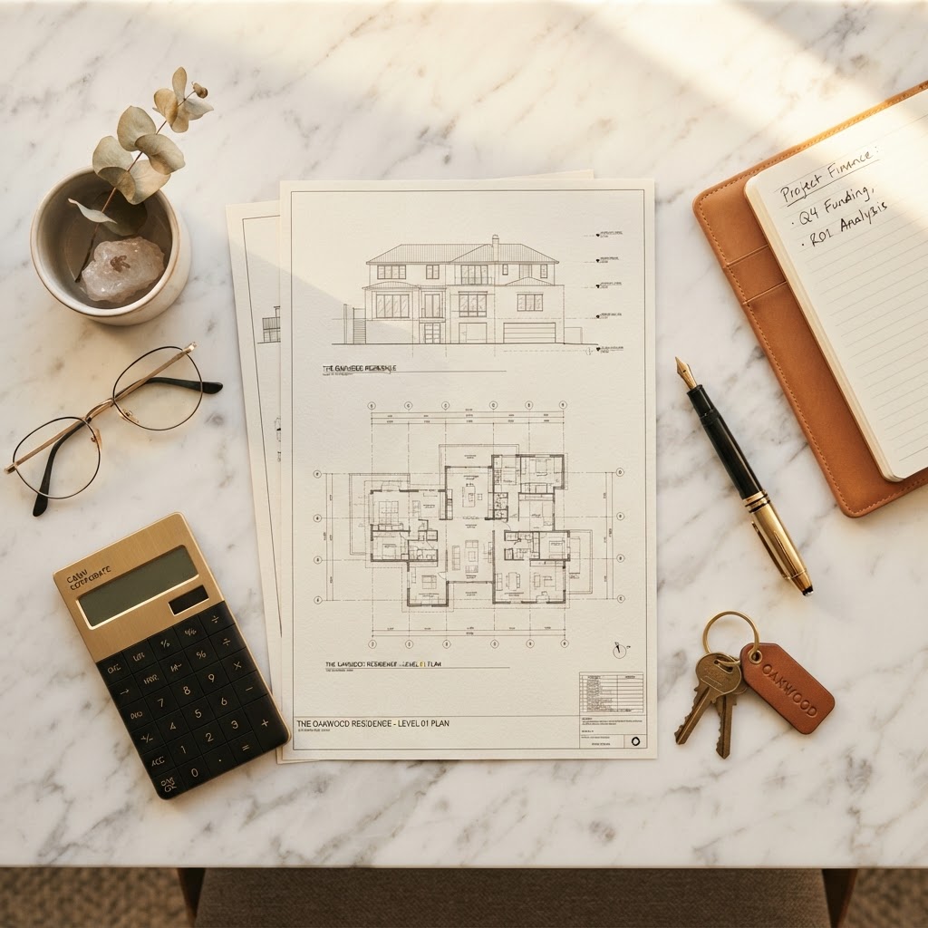 Elegant marble desk with architectural property plans, a brass fountain pen, and keys in warm golden light