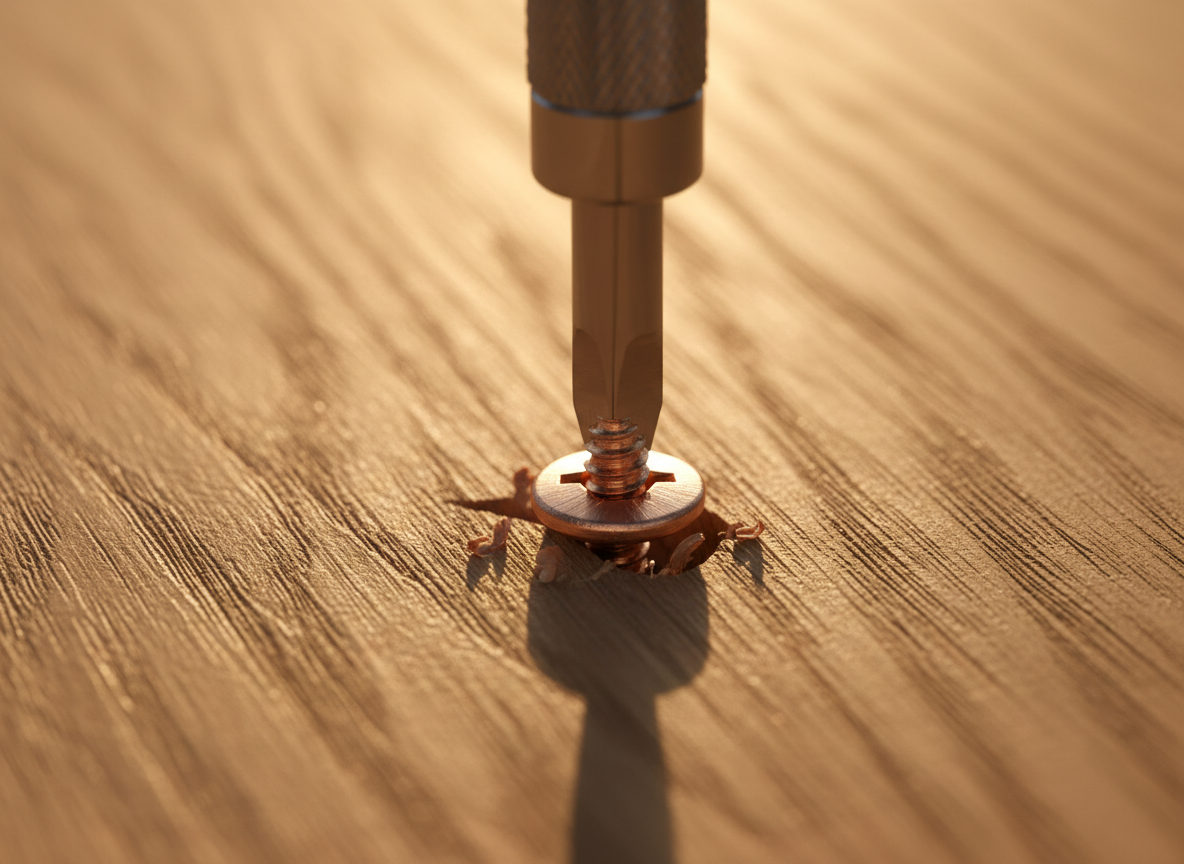 Copper screw being driven into oak wood