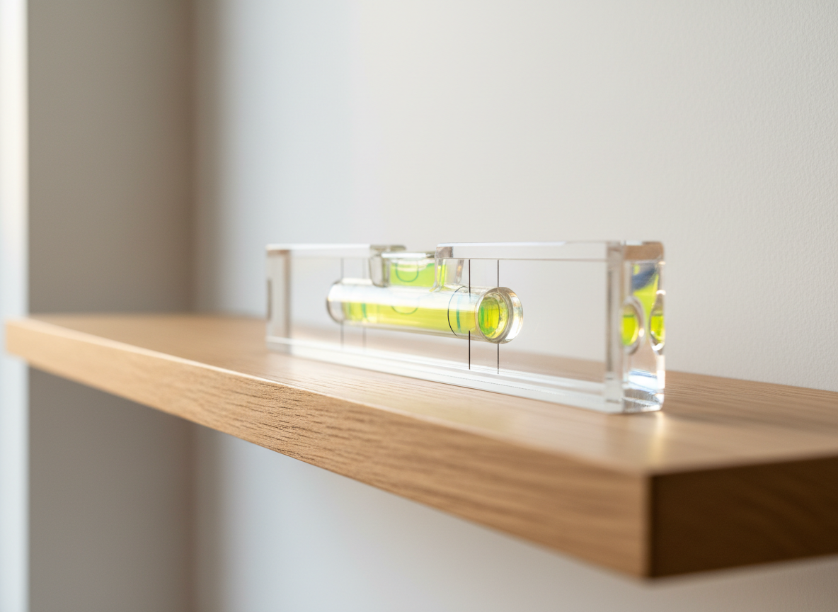 Perfect level on a freshly installed wooden shelf
