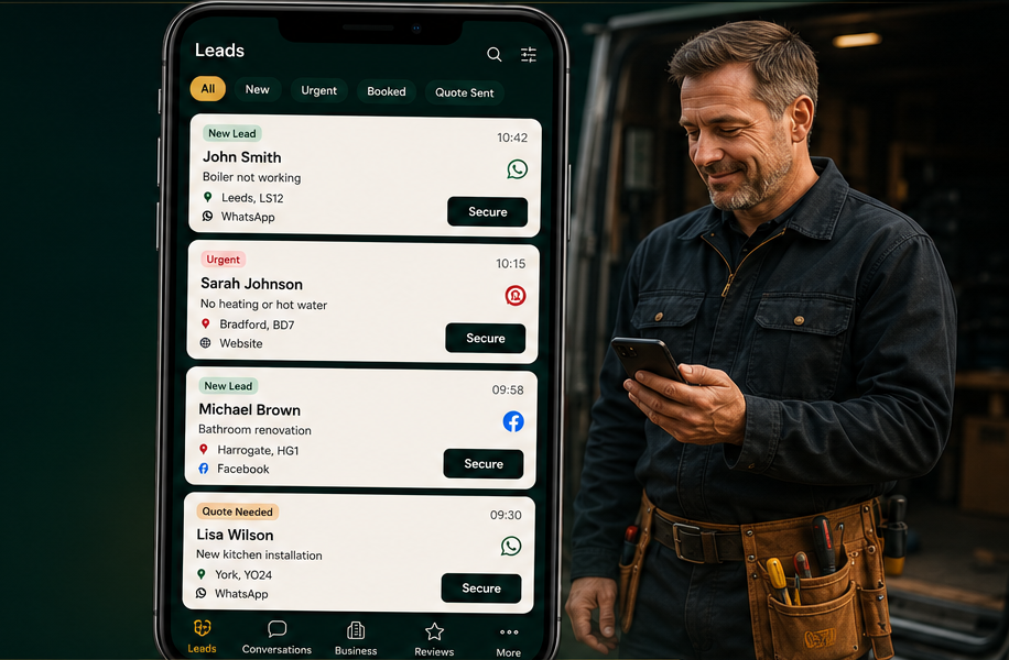 Tradezo leads dashboard on phone, tradesperson checking phone beside van