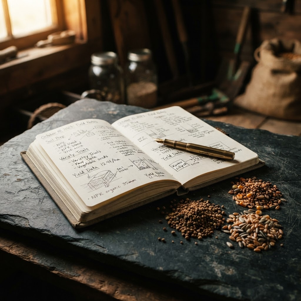 Notebook beside fertilizer granules and organic seeds, representing agricultural label design insights