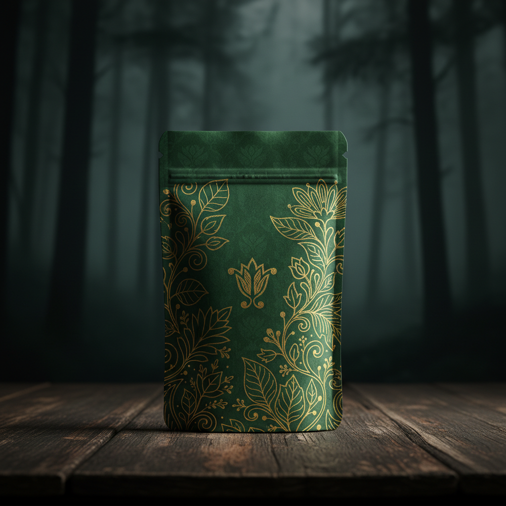 Seed packaging design with gold foil botanical line art