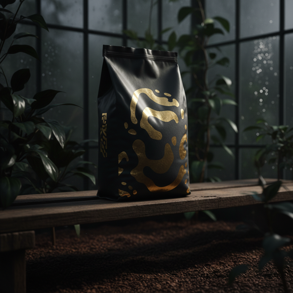 Fertilizer packaging photographed in a dark moody greenhouse