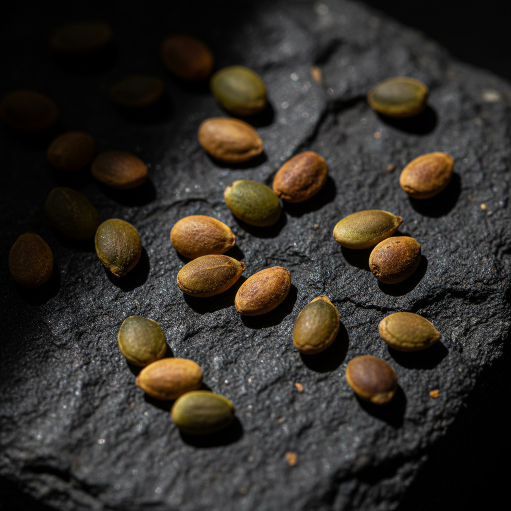 Macro photograph of organic seeds on textured black stone, representing agricultural design precision