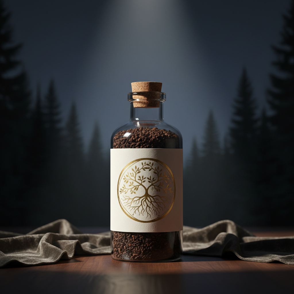 Organic soil amendment bottle label design, minimalist luxury packaging