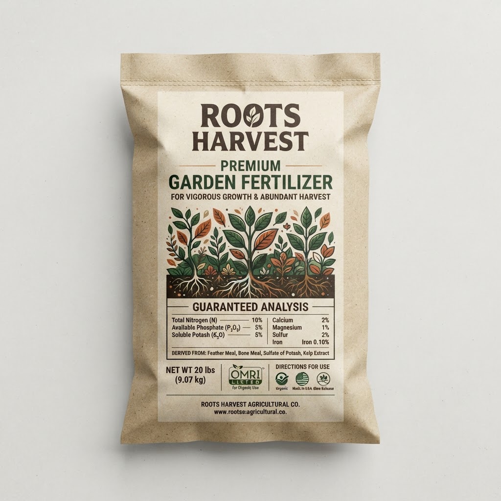 Fertilizer label design mockup showing guaranteed analysis panel and brand typography