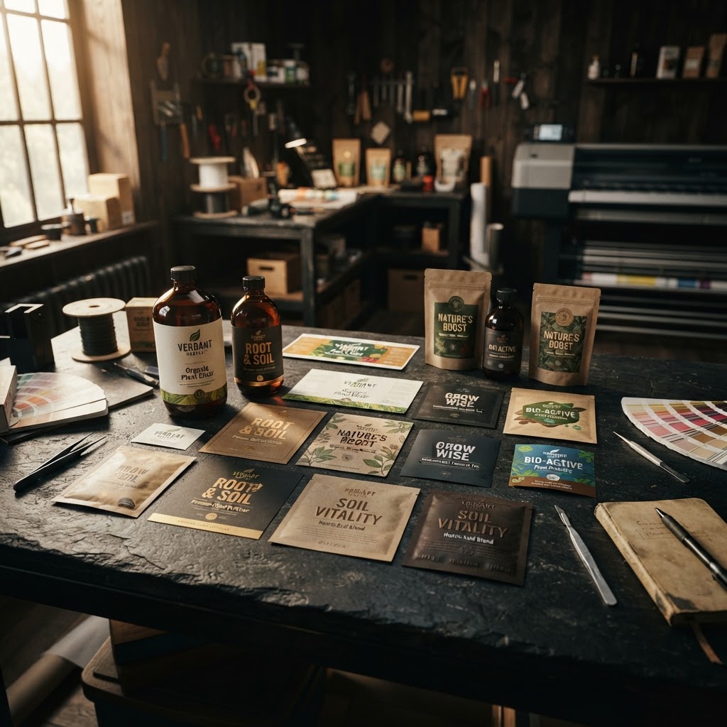 Finished fertilizer and organic product label proofs laid out in the studio