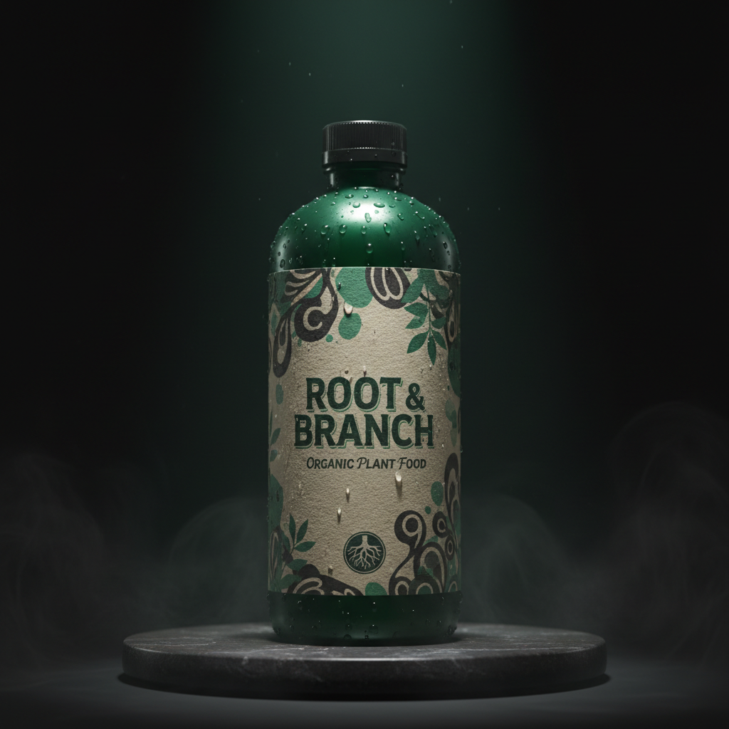 Finished fertilizer bottle label under dramatic studio light