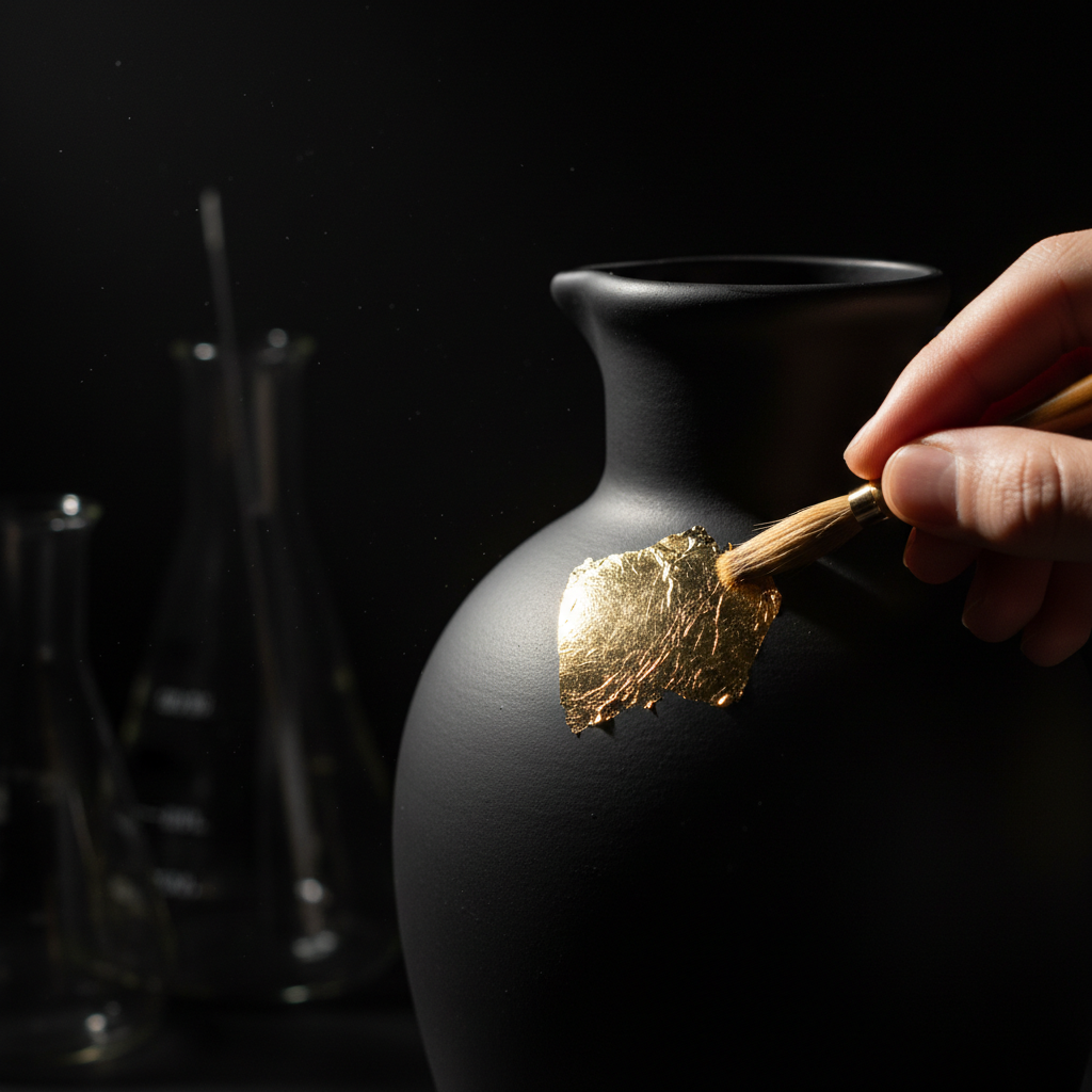 Gold-leaf label being applied to a matte black jug, agricultural label production