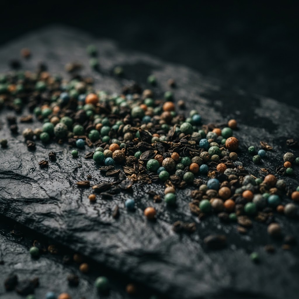 Macro photograph of fertilizer granules and organic seeds on textured black stone, representing agricultural label design pricing