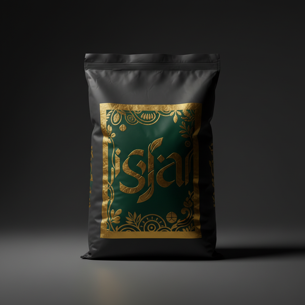Premium fertilizer label design with gold foil and forest green branding