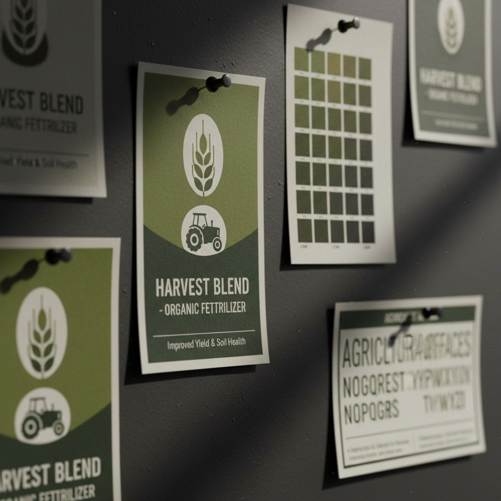 Printed label proofs and typography samples pinned to a studio wall