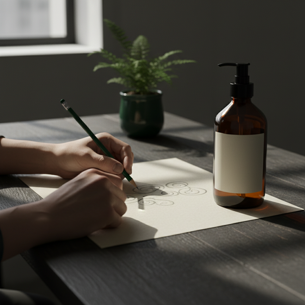 Designer sketching an agricultural label concept beside a fertilizer bottle mockup