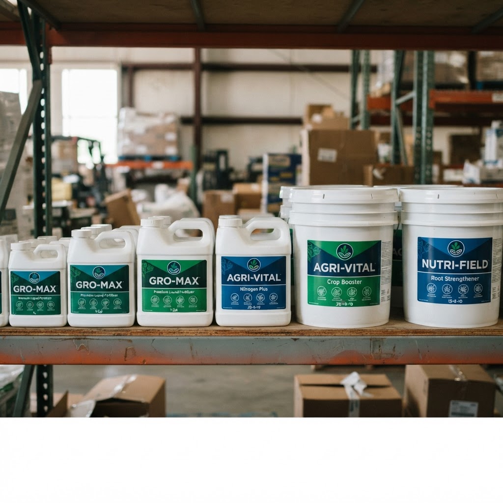 Fertilizer jugs and pails with clean label designs on a warehouse shelf
