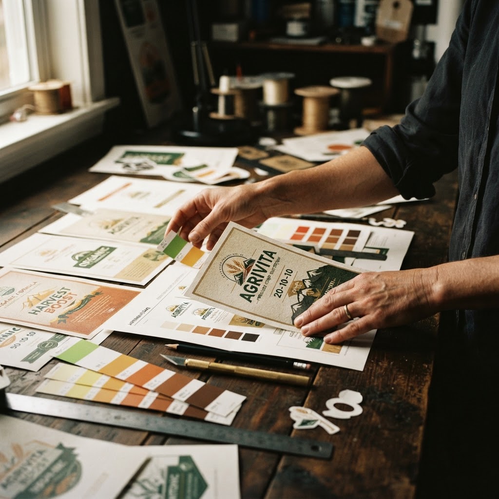 Designer arranging fertilizer label proofs and color swatches in the studio