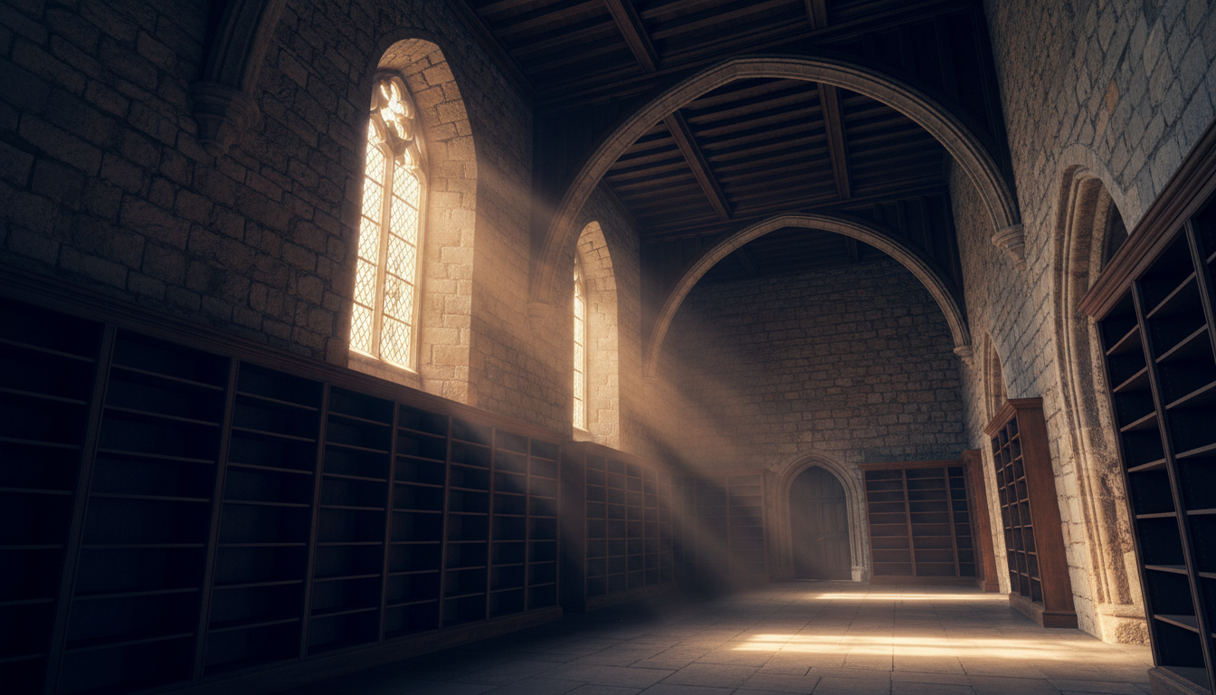 Historic civic hall with dramatic golden light streaming through arched windows
