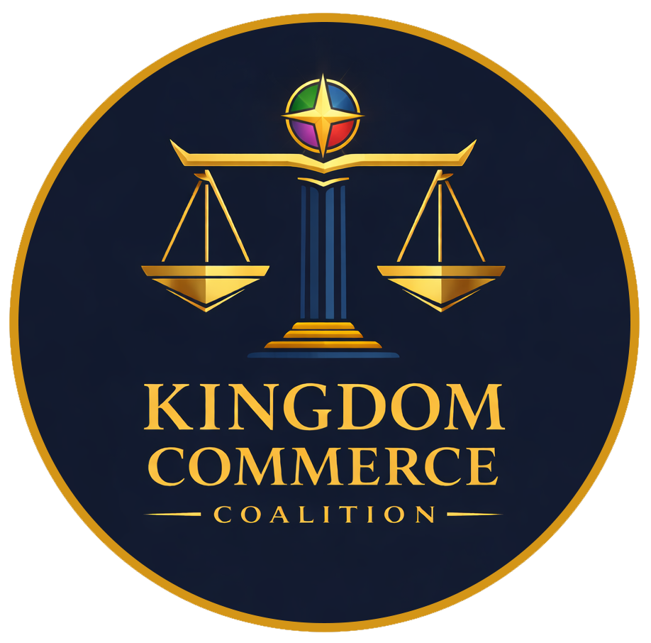 Kingdom Commerce Coalition seal — golden scales of justice beneath a compass star