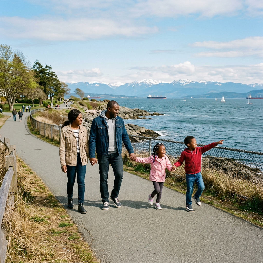 Nigerian-Canadian family walking along Dallas Road waterfront in Victoria, BC