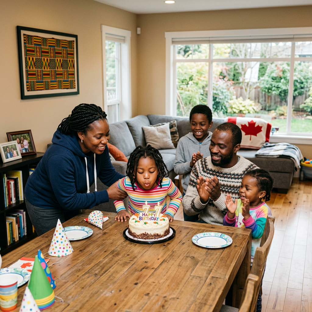 Nigerian-Canadian family celebrating a birthday at home in Victoria, BC