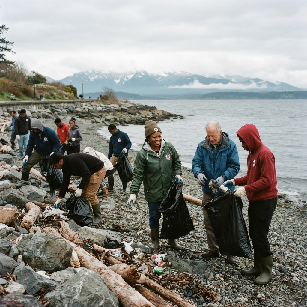 Nigerian-Canadian volunteers cleaning up a Victoria, BC beach
