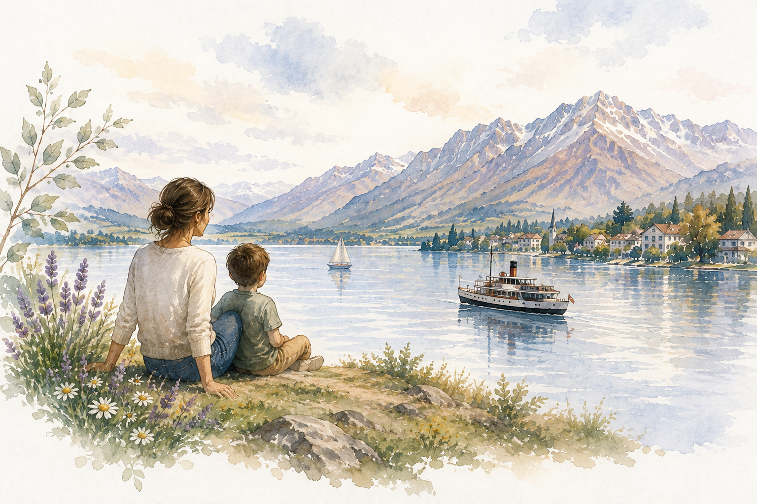 A parent and child sitting together by a Queenstown lake, looking at the mountains
