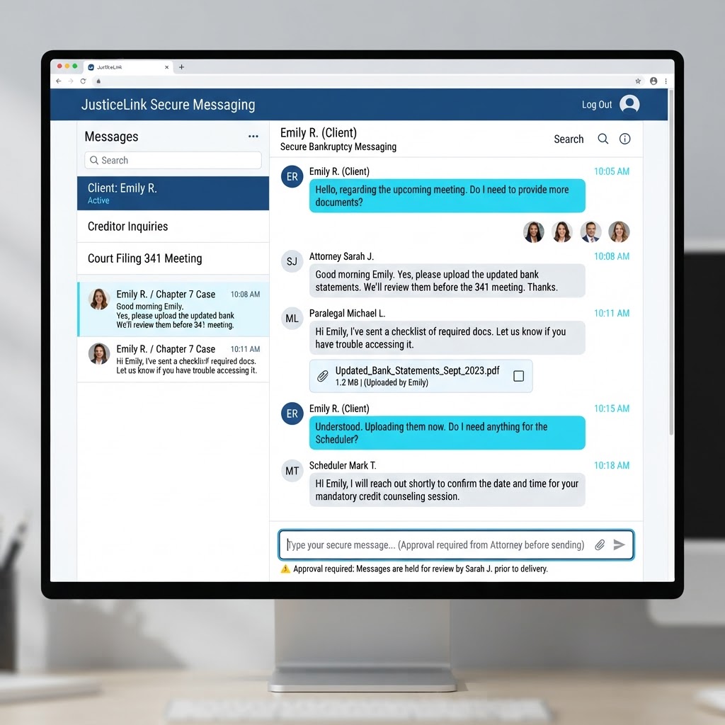 In-app messaging thread between a client and their attorney, paralegal, and scheduler