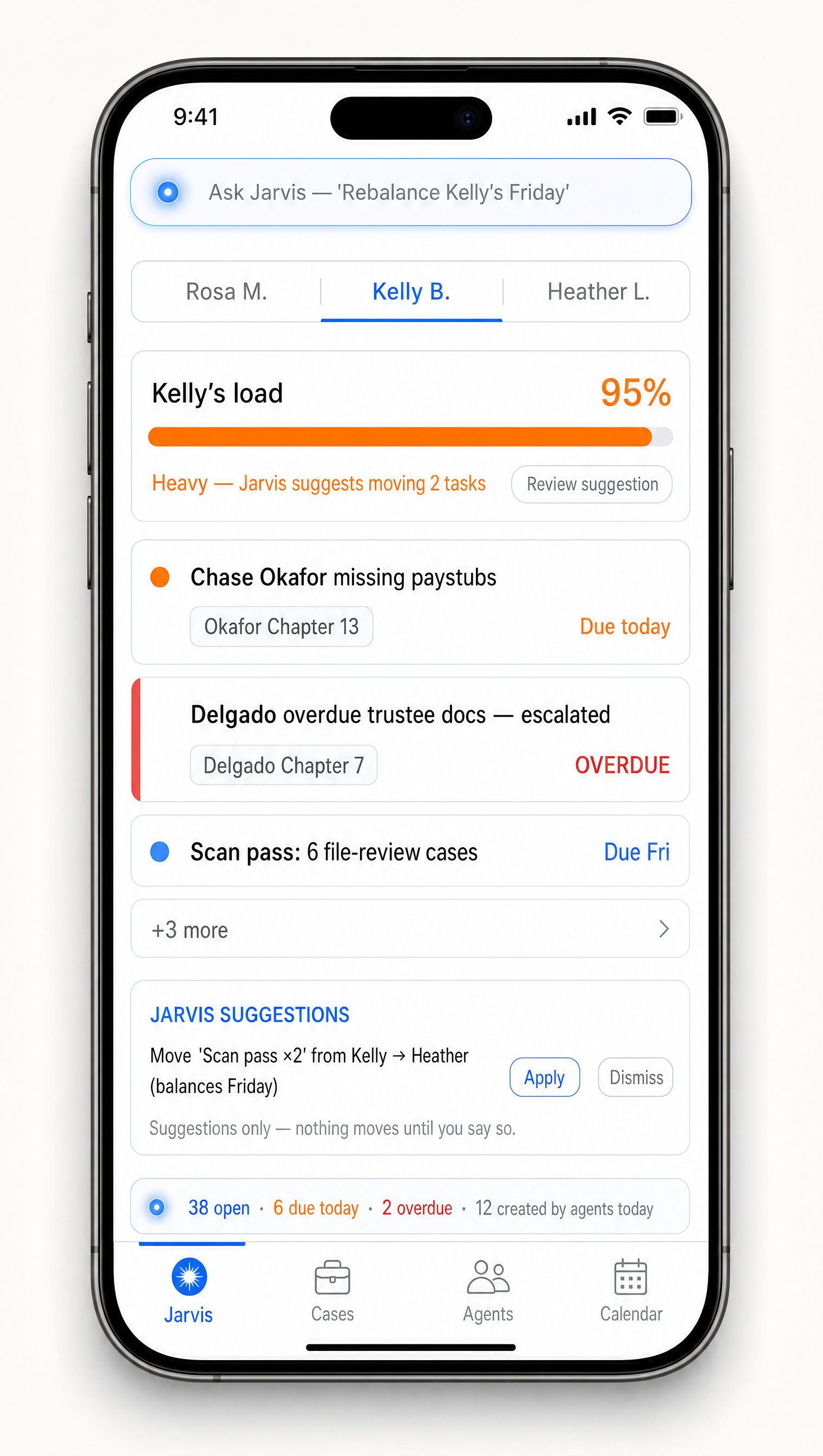 Mobile workload view with capacity meter and Jarvis suggestions to rebalance tasks