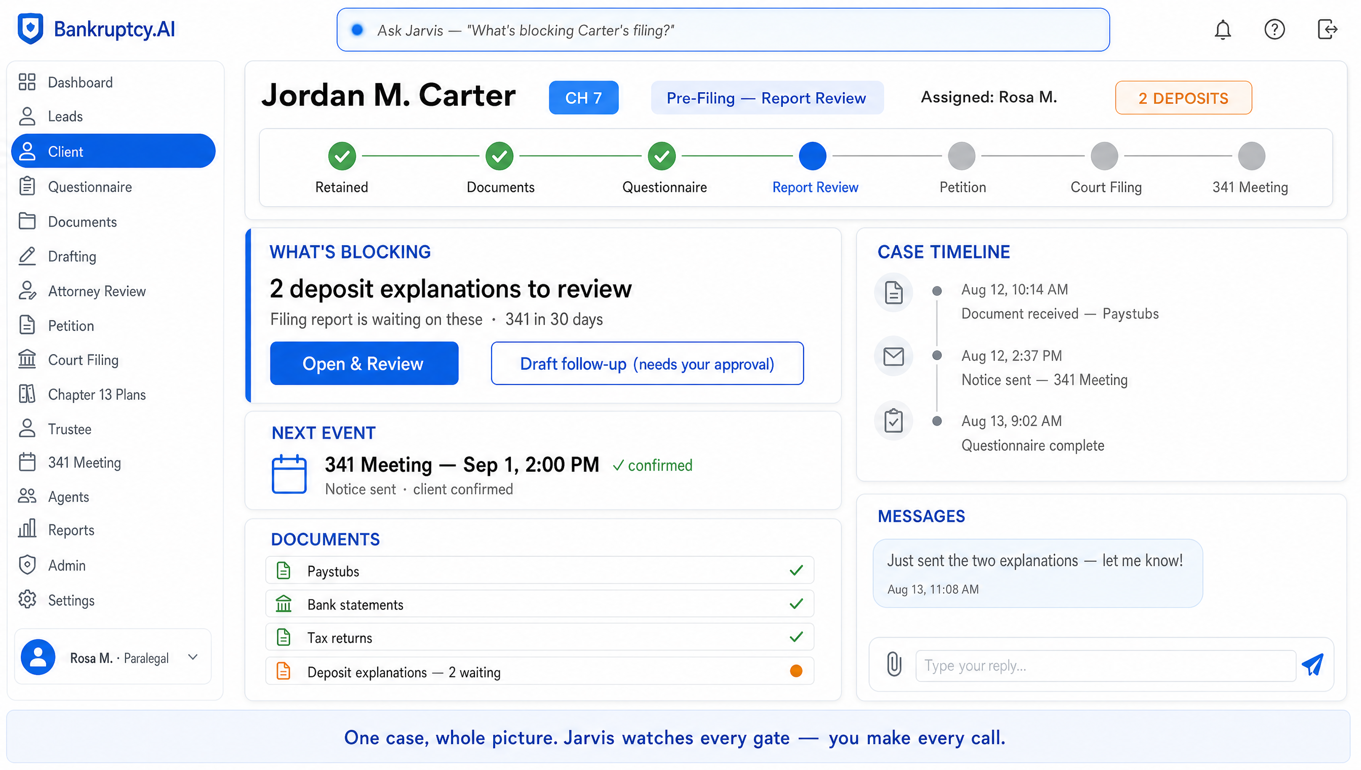 Client command center for a Chapter 7 case showing stage progress, what's blocking, next event, documents, timeline, and messages