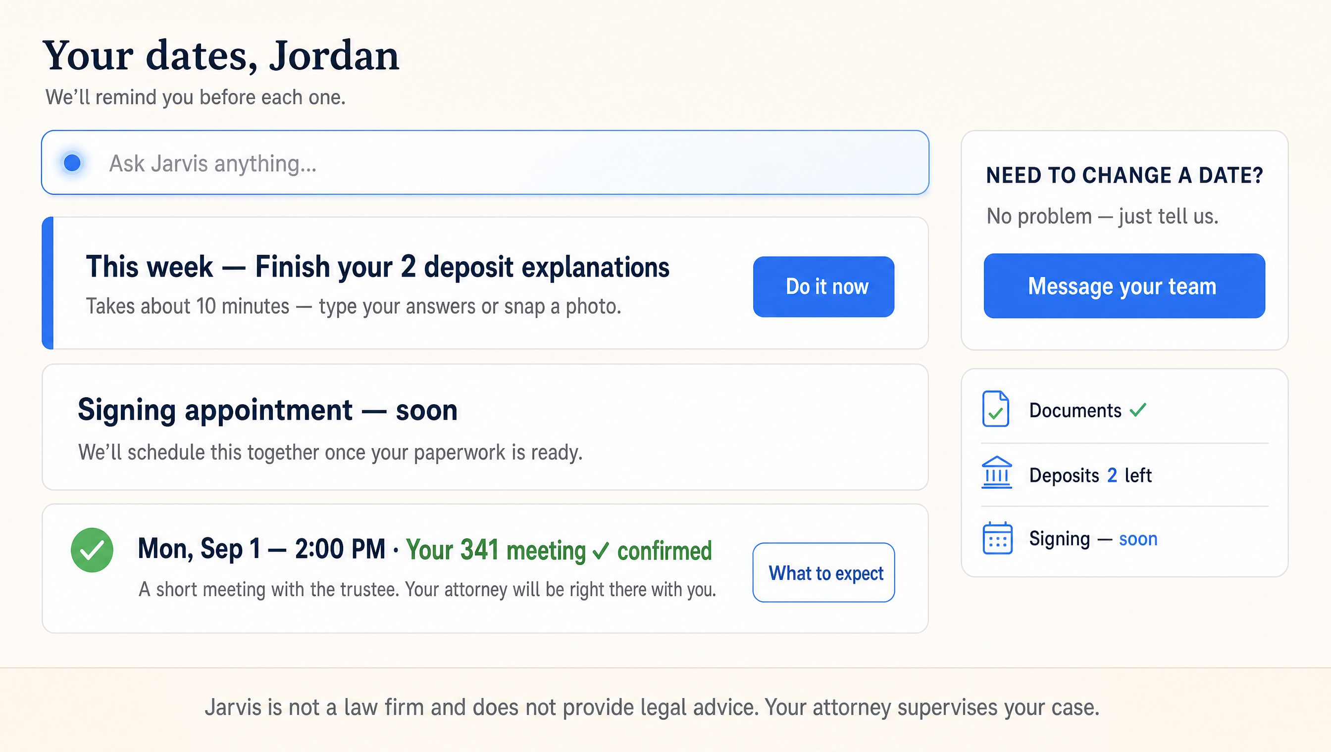 Client mobile view with a confirmed 341 meeting, pending deposit explanations, and a message-the-team prompt