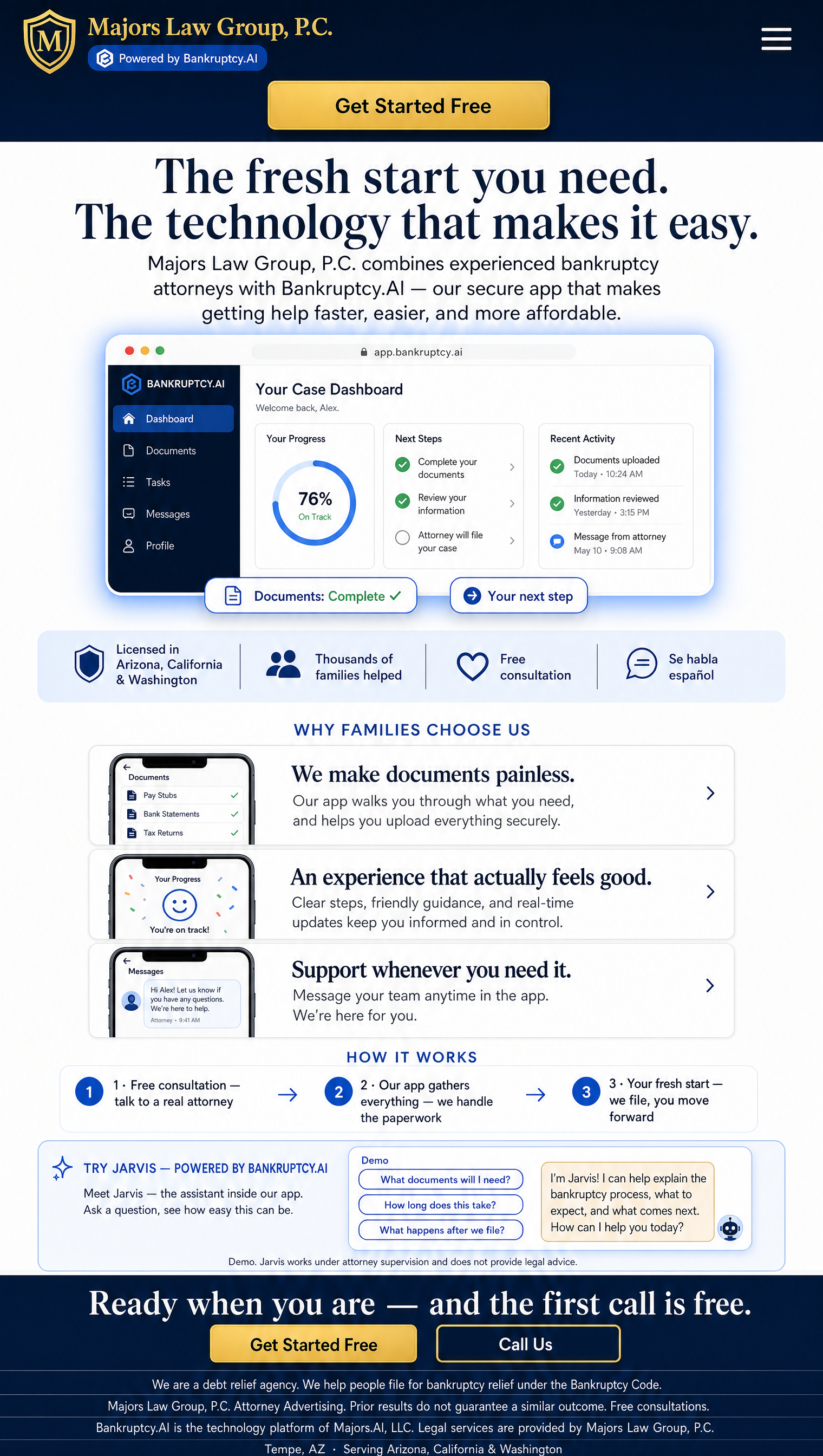 Majors Law Group homepage, navy variant with centered hero