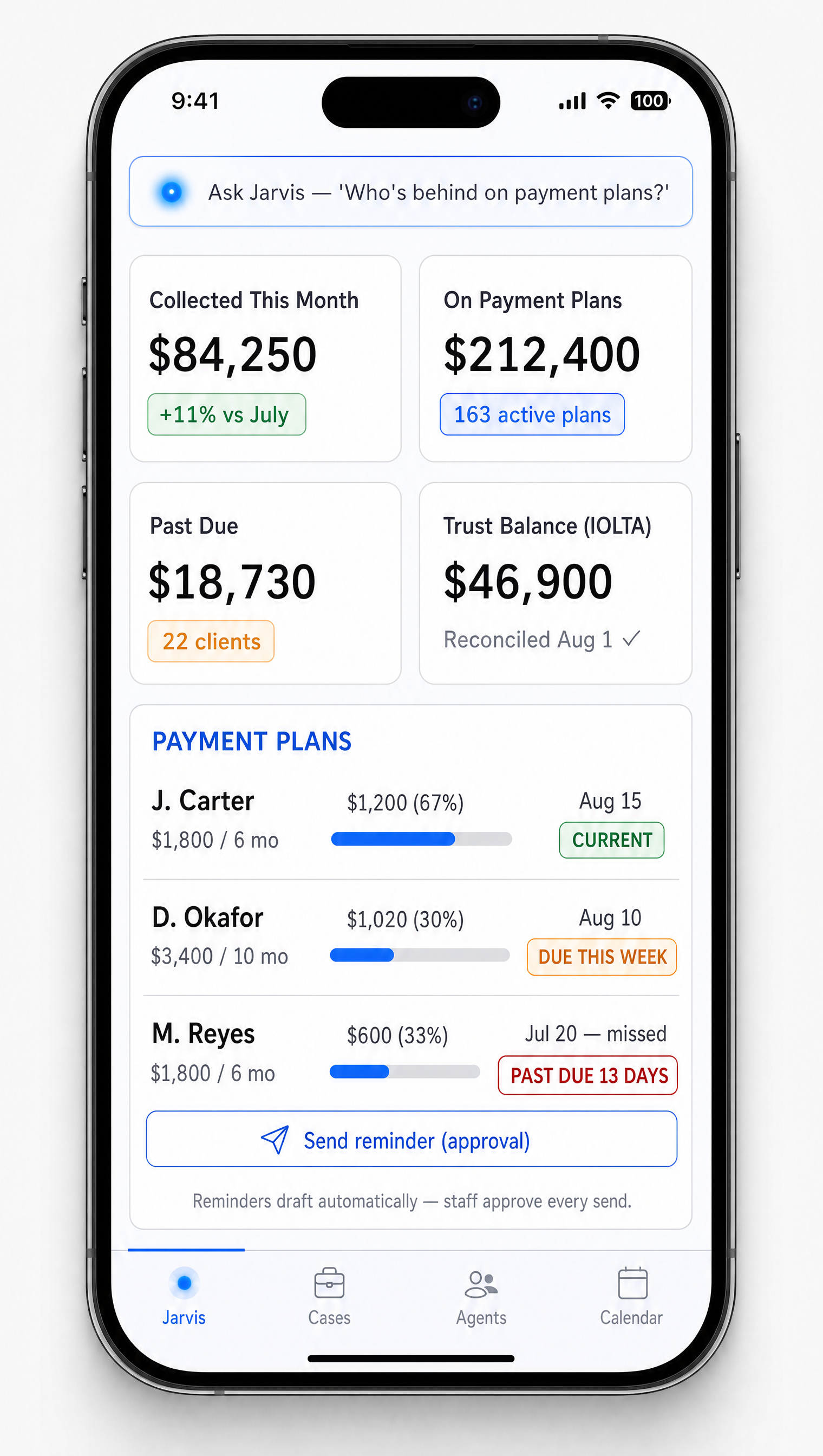 Mobile billing view with collections, payment plans, past due, and IOLTA trust balance