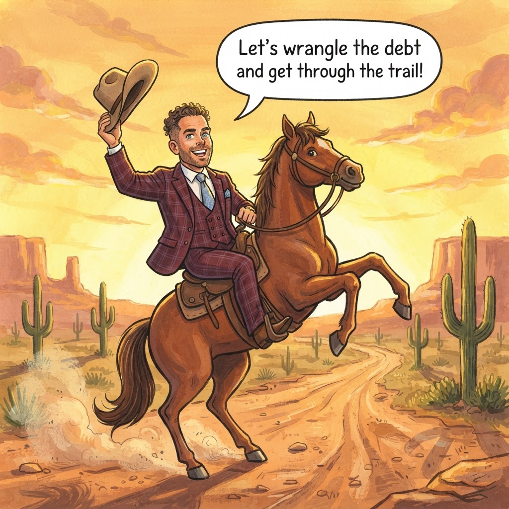 Cartoon of an attorney on horseback in the desert saying "Let's wrangle the debt and get through the trail!"